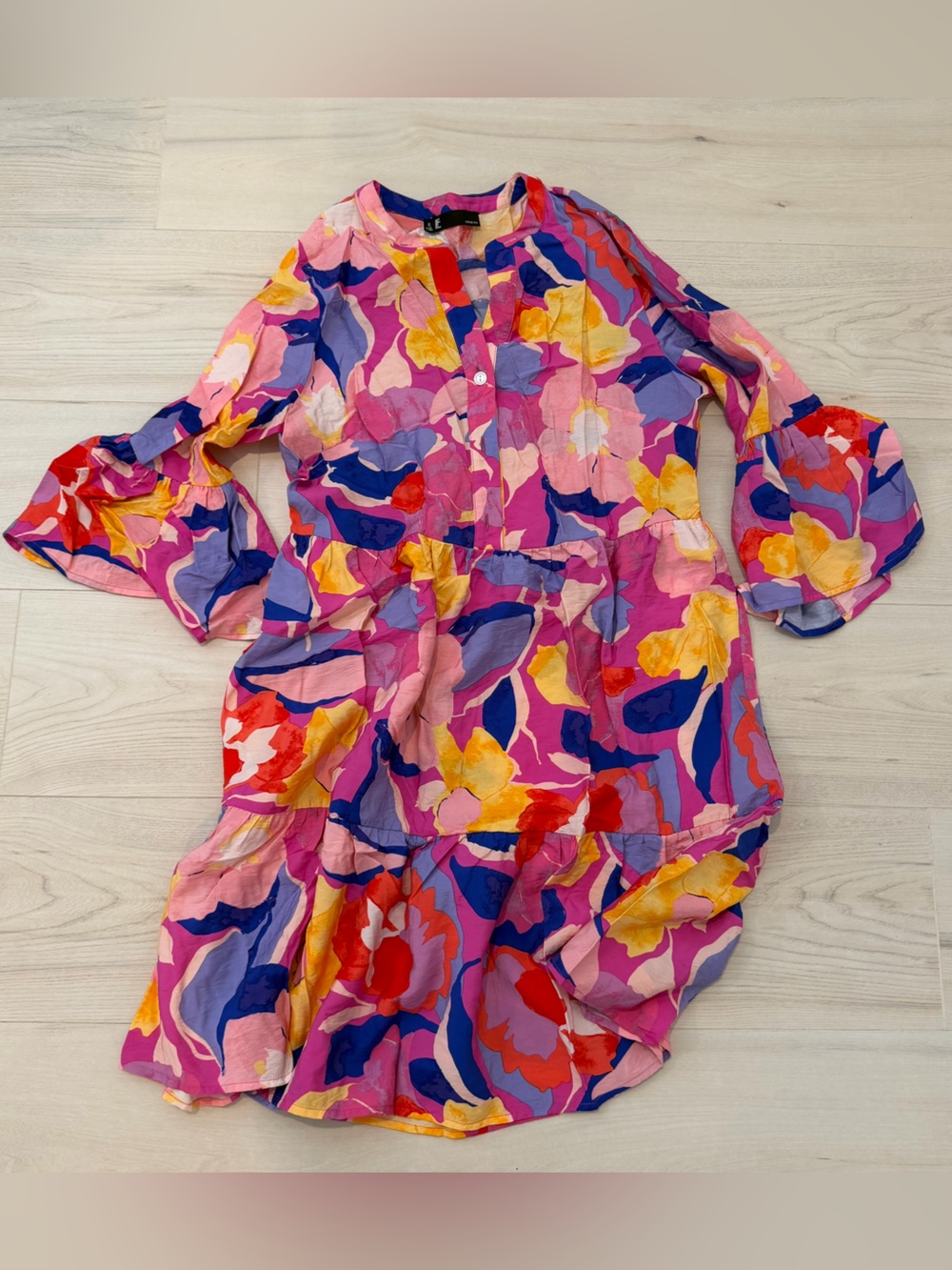 Leslie Fay Pink Floral Long-Sleeve Tiered Dress